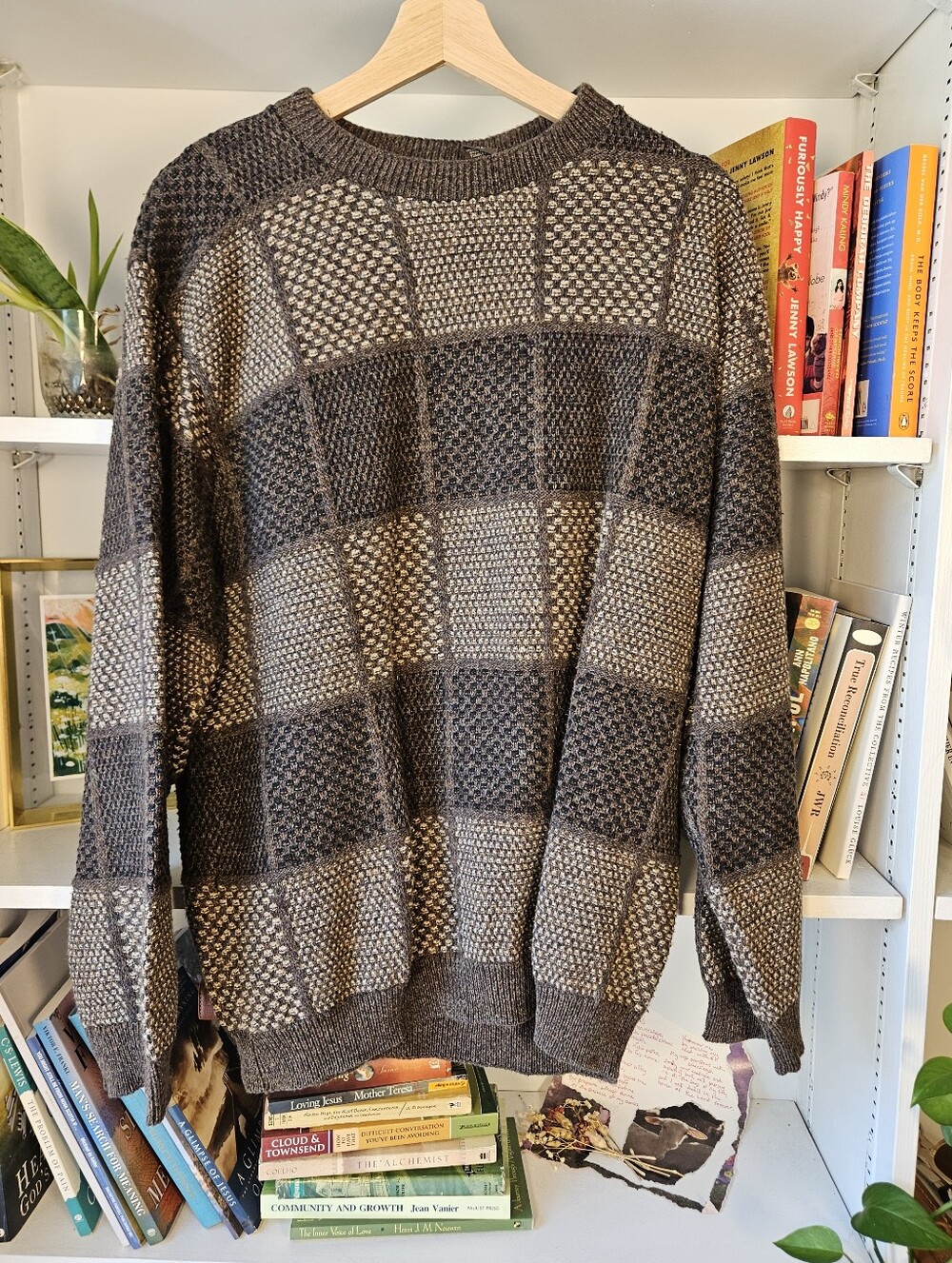 Vintage Men’s Brown Patterned Crewneck Sweater Cotton Blend Size XL Teacher